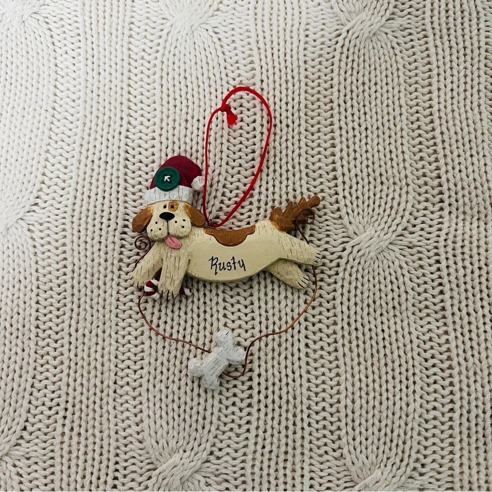 Christmas Tree Flying Dog Bone with Name “Rusty” Ornament Wearing a Santa  Hat